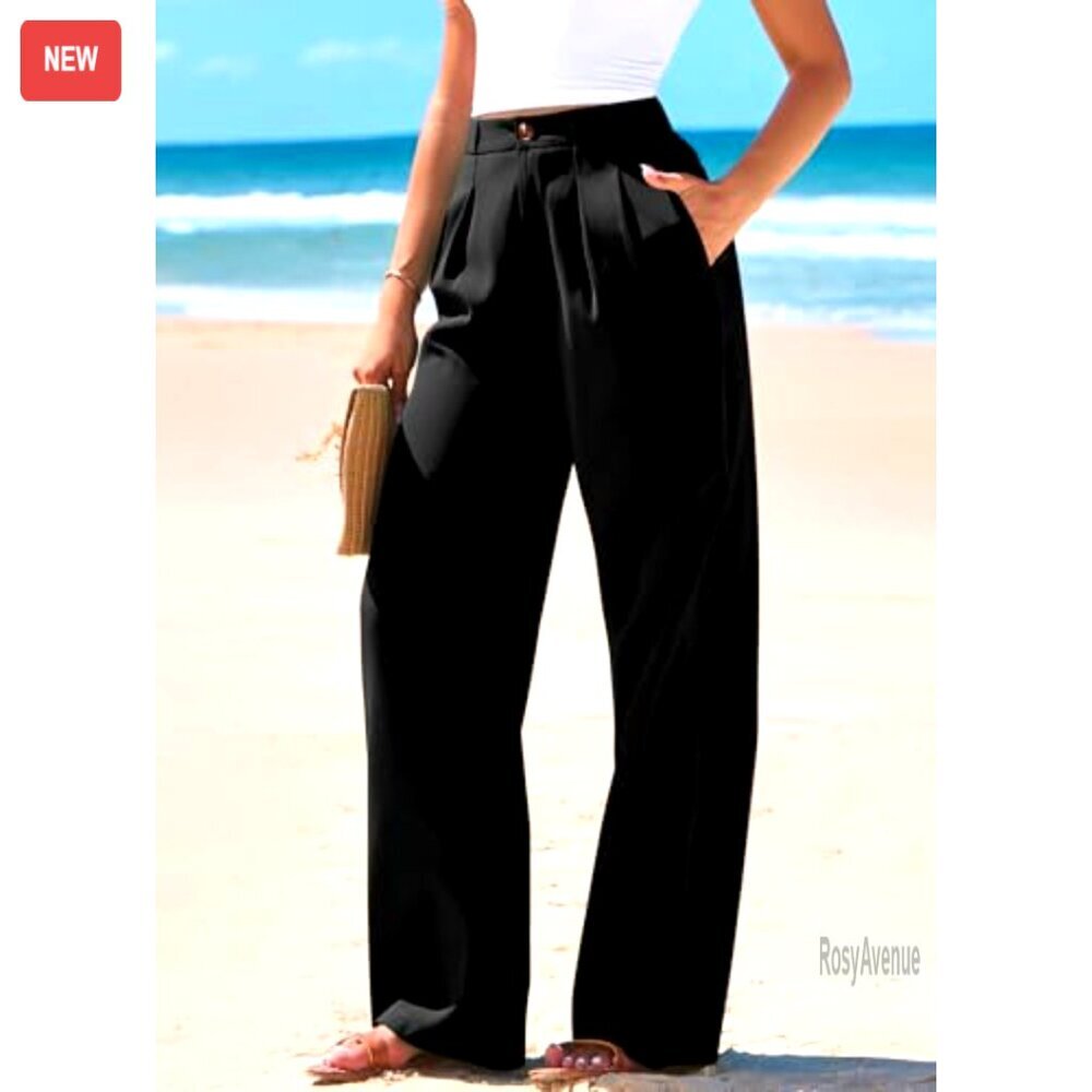 High Waisted Wide Leg Palazzo Pants, Office Work Trousers, Elastic Waist - Picture 3 of 7